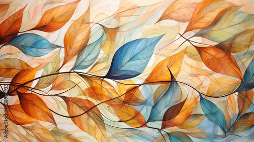  a painting of leaves on a white wall with a blue and orange background. generative ai