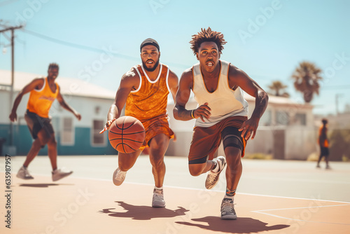 Two African American street basketball players having training outdoor. 