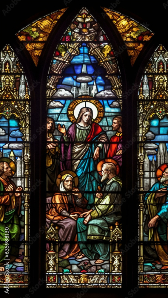 Saint Joseph, Virgin Mary, Jesus Christ, the Patron Saint of the Catholic Church. San Jose. Generative ai. Stained Glass