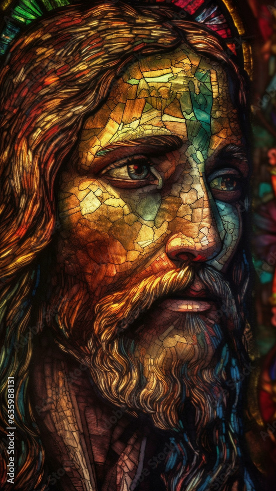 Jesus Christ, the Patron Saint of the Catholic Church.  Generative ai. Stained Glass