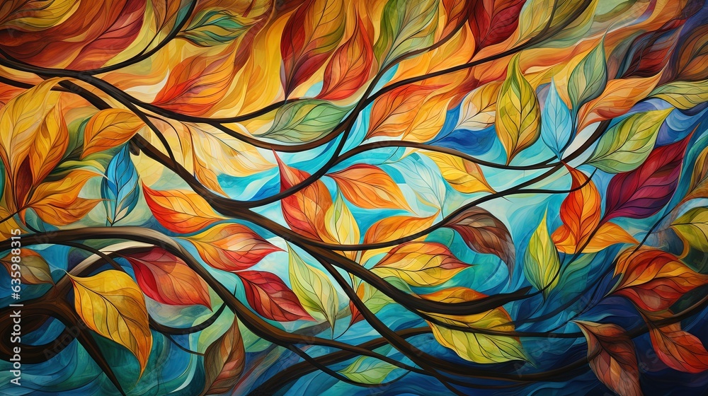  a painting of a tree branch with colorful leaves on it.  generative ai