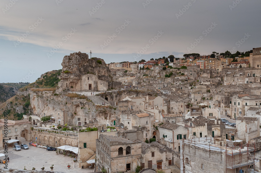 Beautiful view of a small town with old stone buildings in the city of Matera in Italy