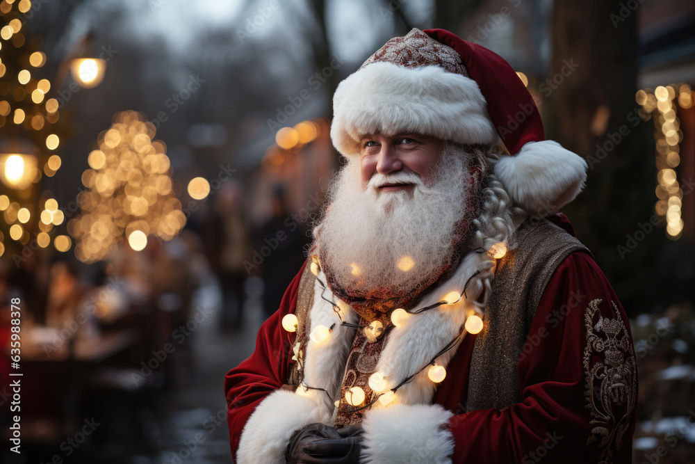 Happy Santa Claus outdoors on the background of a Christmas tree with lights and garlands is preparing to give gifts to children on New Year's Eve Happy Santa Claus outdoors on the background of a Christmas tree with lights and garlands is preparing to give gifts to children on New Year's Eve