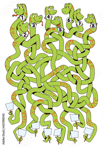 Funny Tangled Snakes. Children logic game to pass the maze. Educational game for kids. Choose right path. Write correct answers. Funny cartoon character. Isolated on white background. Vector