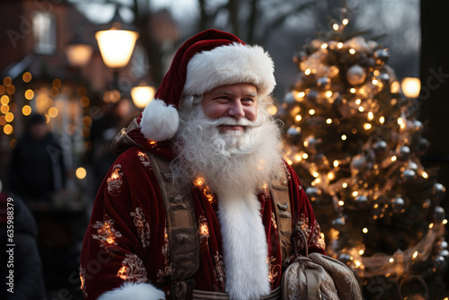 Happy Santa Claus outdoors on the background of a Christmas tree with lights and garlands is preparing to give gifts to children on New Year's Eve