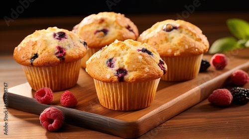  four muffins on a cutting board with raspberries.  generative ai