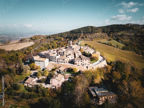 Aerial shot of the village of Montefabbri in Pesaro and Urbino, Italy