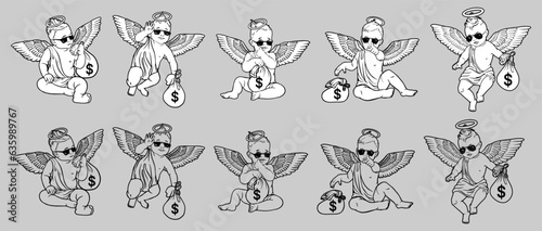 Set Cute angel with a bag of dollars.
money bag angel with wings vector. cartoon character. Vector drawing. Cute angel. Line drawing.