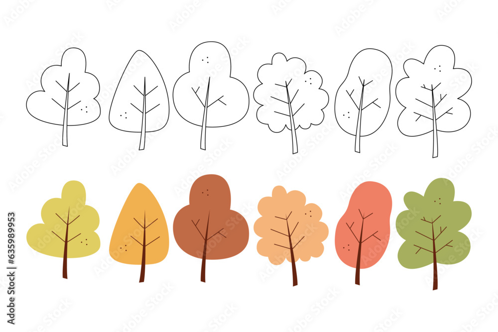 Set of six abstract autumn trees. Black and white and color clipart vector illustration.
