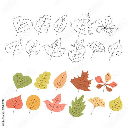 Set of eleven abstract autumn leaves. Black and white and color clipart vector illustration. © el_mirik_design
