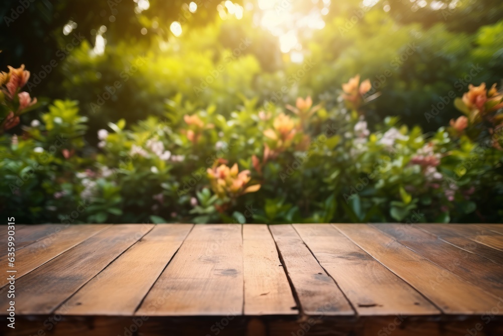 Empty wooden display table for items with abstract embellished floral garden background Empty wooden display table for items with abstract embellished floral garden background