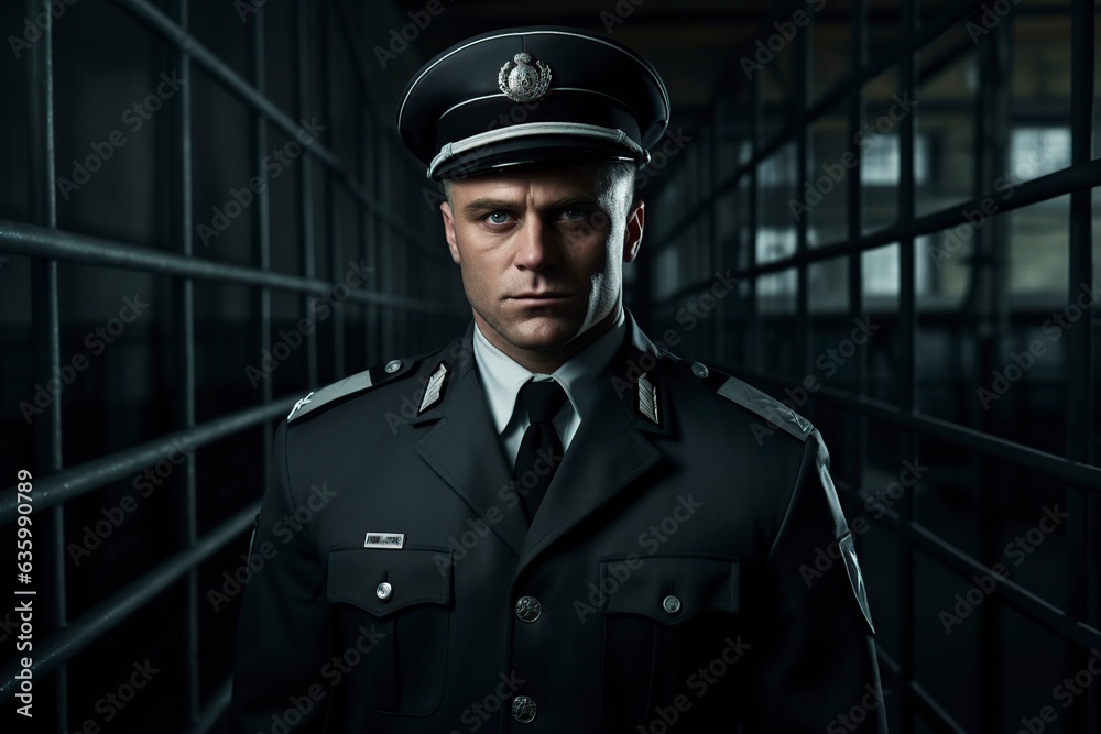 caucasian officer exuding authority in the penitentiary