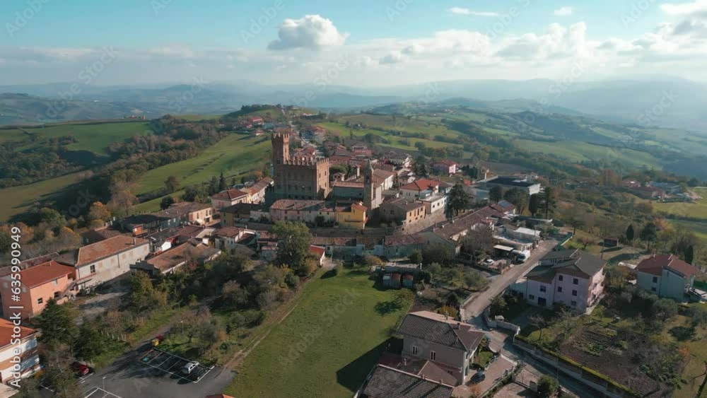 High-angle view of the medieval village of Tavoleto in the province of Pesaro Urbino Marche. High-angle view of the medieval village of Tavoleto in the province of Pesaro Urbino Marche.