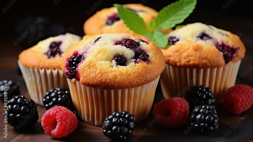  a close up of muffins with berries and raspberries.  generative ai