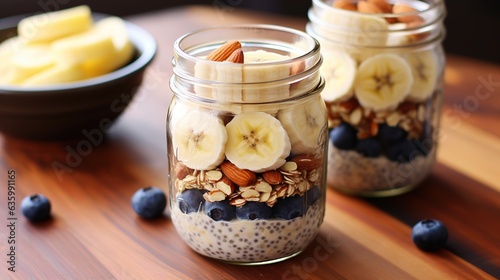  two jars filled with oatmeal, bananas and blueberries.  generative ai