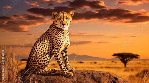  a cheetah sitting on a rock in the middle of a field. generative ai