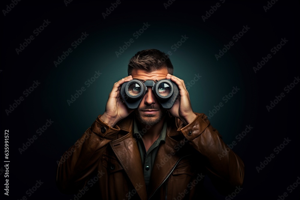 man with binocular in front of a camera in the studio man with binocular in front of a camera in the studio