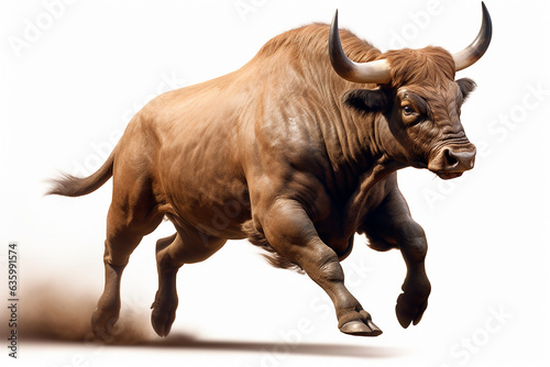 Bull isolated on a white background running. Animal right side view portrait.