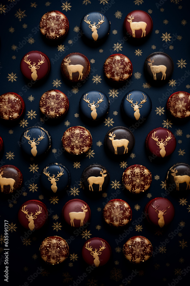 beautiful Christmas macarons with deer print, gold, dark blue and deep red holiday colors, ornate