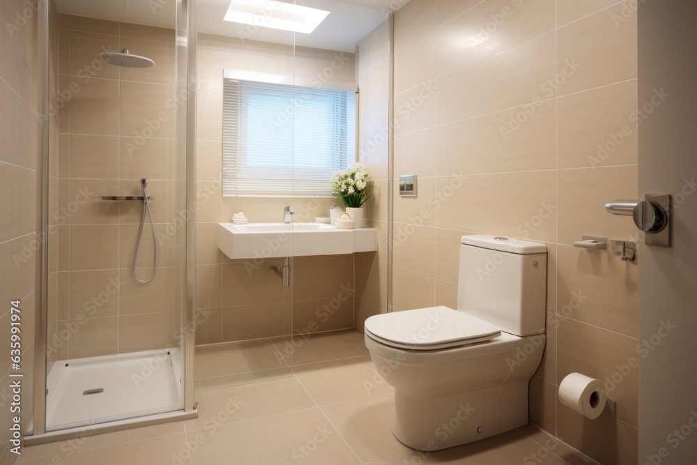 Modern spacious bathroom with bright tiles and a bidet. Modern spacious bathroom with bright tiles and a bidet.