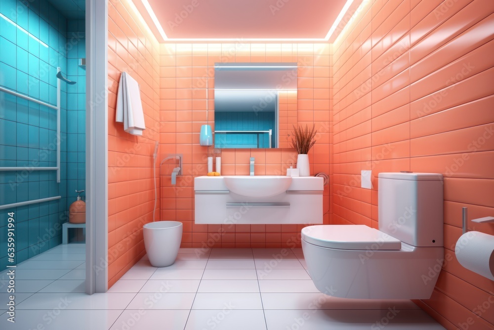 Modern spacious bathroom with bright tiles and a bidet. Modern spacious bathroom with bright tiles and a bidet.