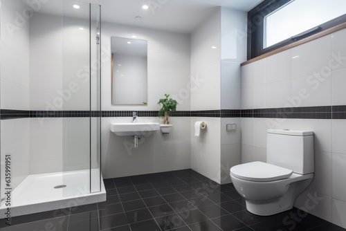 Modern spacious bathroom with bright tiles and a bidet.