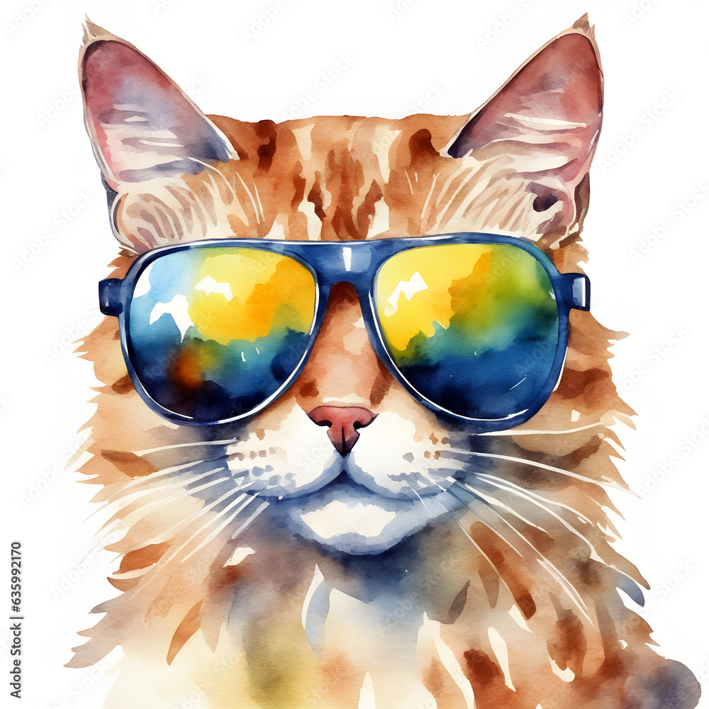Red cat with colored sunglasses