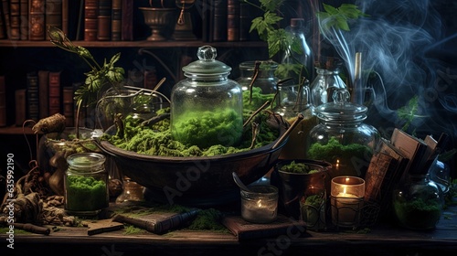  a table topped with books and jars filled with green stuff. generative ai