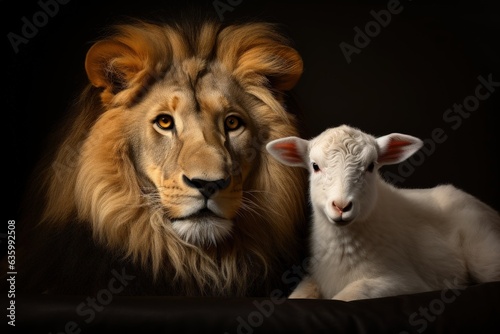Lion and lamb on black background  Jesus the lamb and the lion  Generative AI