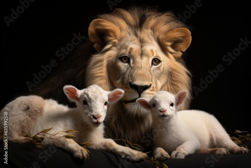 Lion and two lambs on black background  Jesus the lamb and the lion  Generative AI