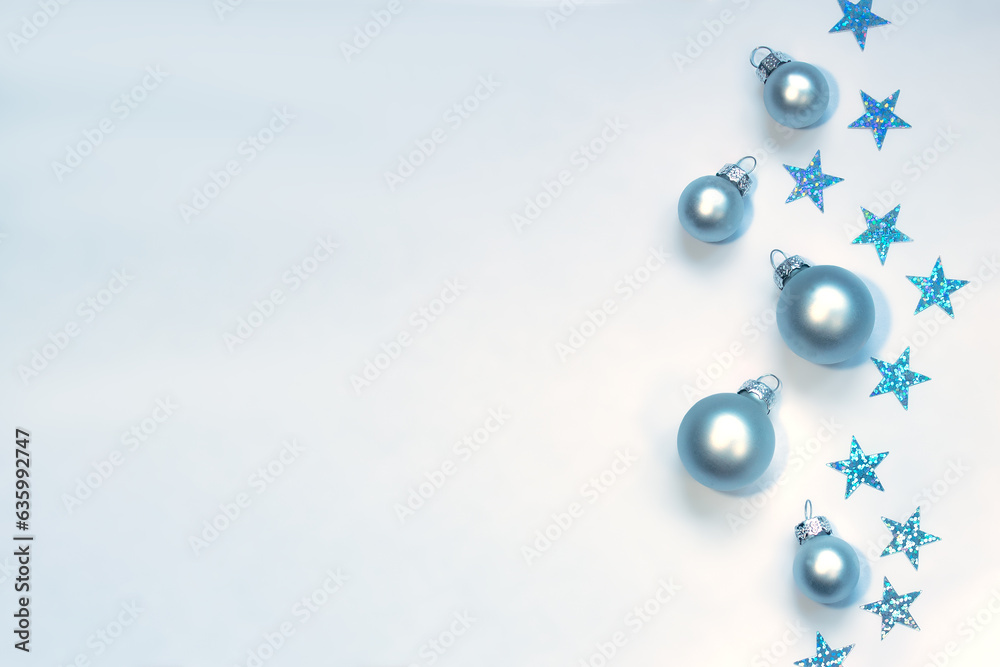 snow-white postcard with stars and Christmas balls