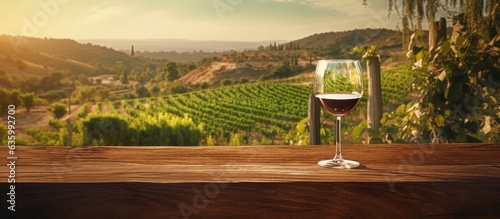 Wine glass on wooden table with grapevine plantation in the background with copy space  Generative AI