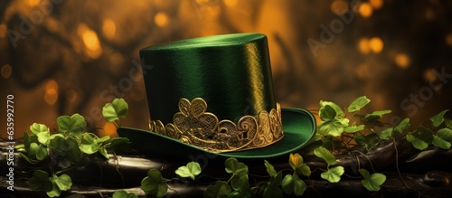 Green top hat surrounded by clover leaves and blurred background, Saint Patrick's Day concept, Green and gold hat, Generative AI