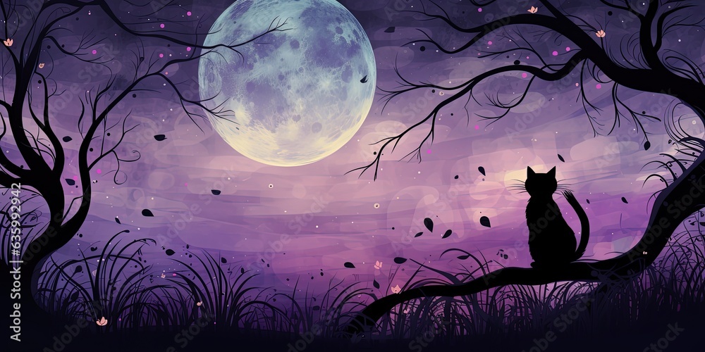 Gardinen mit Purple moonlit night scene featuring a cat and tree branches, cat in the forest watching the moon, Generative AI #635992942