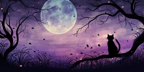 Leinwandbilder Lavendelfarbene Motive Purple moonlit night scene featuring a cat and tree branches, cat in the forest watching the moon, Generative AI  © Kaleb