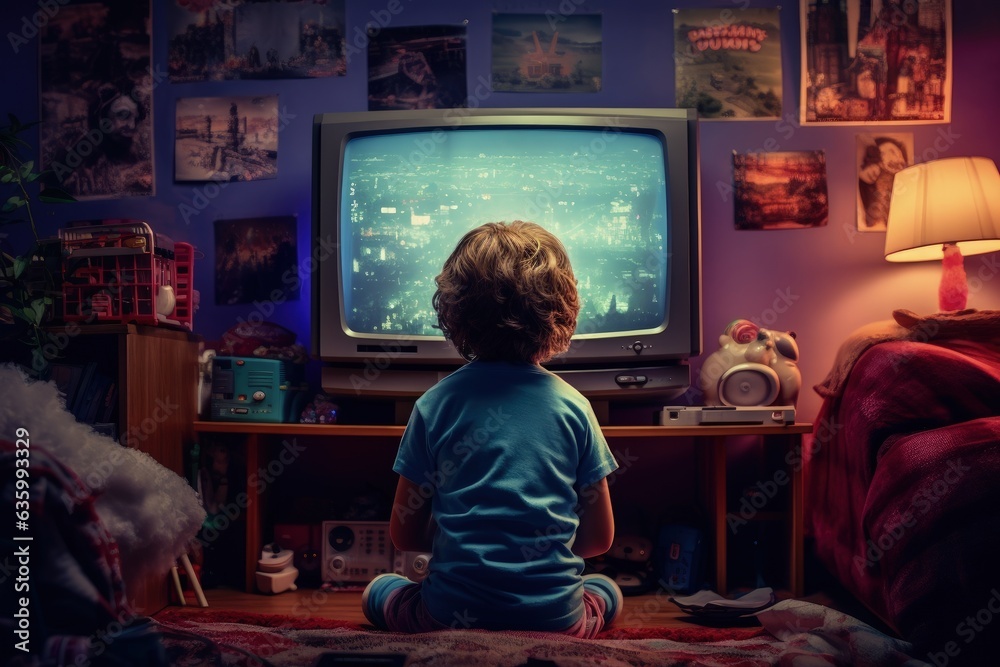 Boy playing old video game in bedroom, Boy from back playing video game on TV, Generative AI	 - obrazy, fototapety, plakaty 