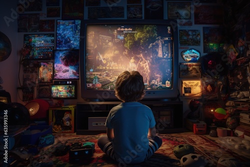 Boy playing old video game in bedroom, Boy from back playing video game on TV, Generative AI