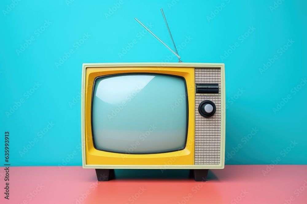 Old television isolated on blue background, Generative AI