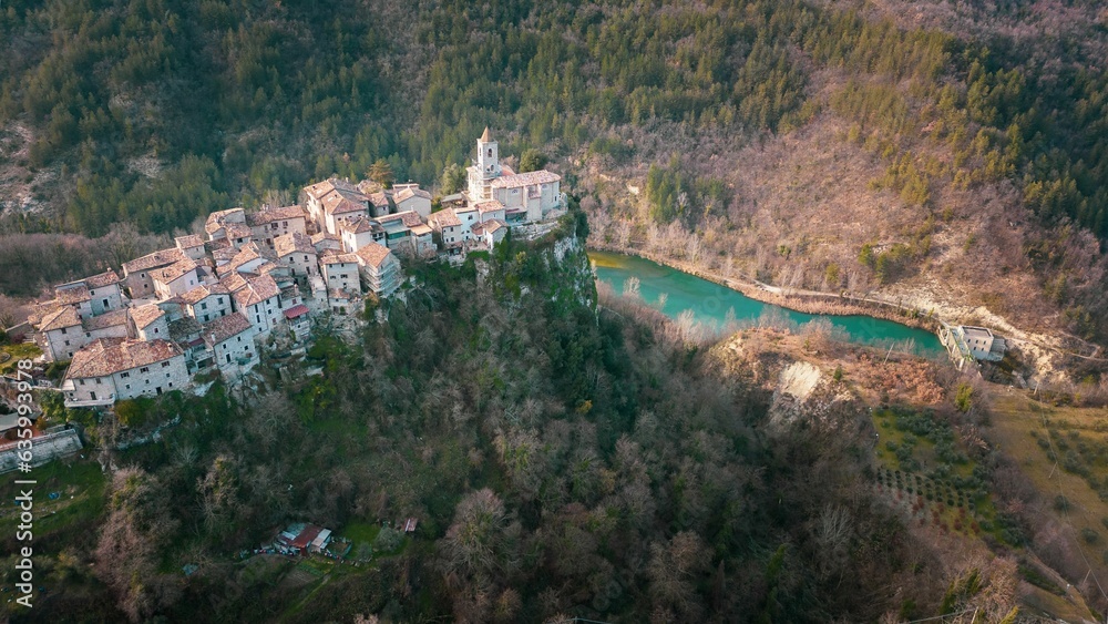 Aerial view of the historic Castle Trosino and nearby cliffs in Ascoli Piceno, Marche, Italy