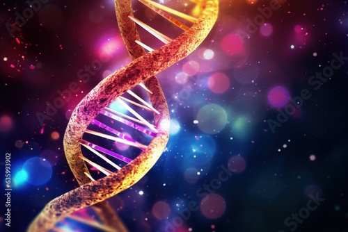 Colored DNA molecule on blurred background, structure of human DNA, Generative AI 