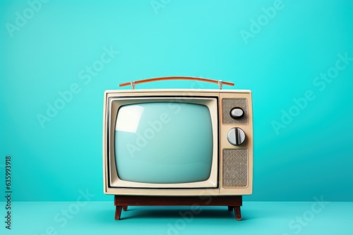 Old television isolated on blue background, Generative AI