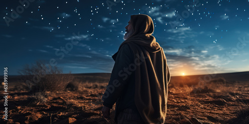 Fototapeta Abraham Counts the Stars on the Steppes: Abraham stands on the steppes, looking up at the sky and counting the stars