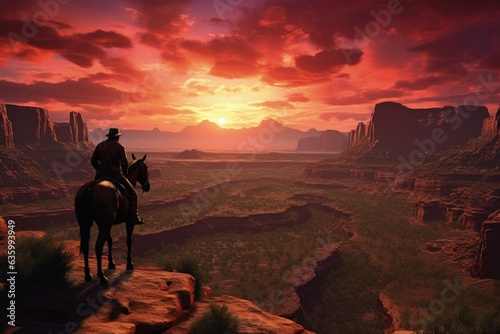 Wild West cowboy riding a horse in the canyon at sunset, Generative AI