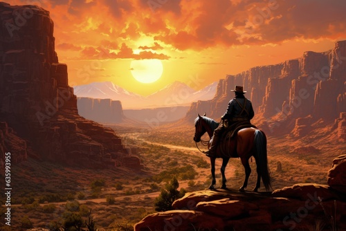 Wild West cowboy riding a horse in the canyon at sunset, Generative AI
