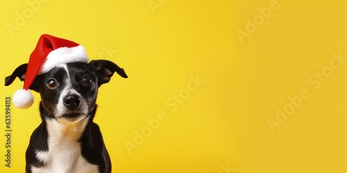 Dog with santa claus hat isolated on yellow background, little dog with red hat, Generative AI © Kaleb