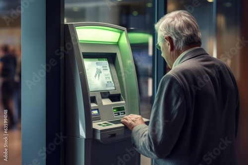 Elderly man withdrawing cash from an ATM, old man going to the bank, Generative AI
