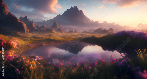 Background with mountains and meadows. AI