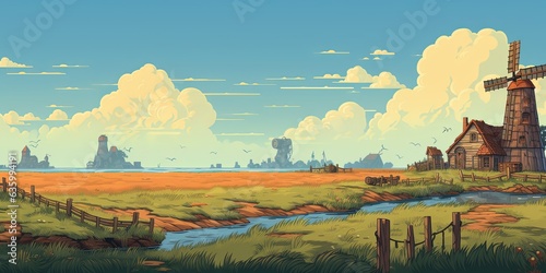 Farm with prairie and mill  Countryside with pastures  cartoon style  cartoon style illustration  Generative AI