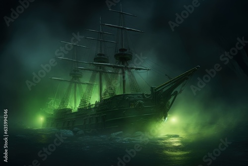 Ghost pirate ship sailing through green fog, Generative AI 