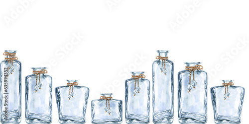 Seamless banner of watercolor empty glass vintage bottles for perfume and elixirs in fantasy games, in the alchemy laboratory, for magic potions Elements isolated on white background © el_suhova